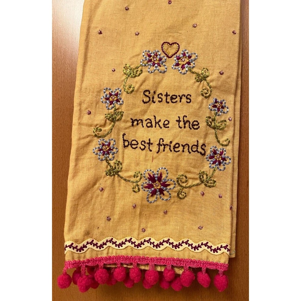 Natural Life Sisters Make The Best Friends Embroidered Linen Blend Hand Towel